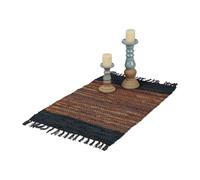 Relaxdays Tapis tissé, 60x110 cm, Coton et Cuir, Descente de lit à Franges, antidérapant, Chambre et Couloir, Marron