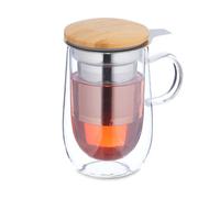 Relaxdays Tasse de thé, Verre, Double paroi, Couvercle en Bambou, infuseur en Acier INOX, capacité : 430 ML, Transparent