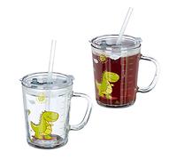 Relaxdays Tasse enfant, lot de 2, motif dinosaure, verre avec poignée, couvercle et paille, échelle 400 ml, transparent