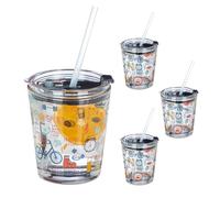 Relaxdays Tasse enfant avec couvercle & paille, lot de 4, motif de sport, 350 ml, lavable au lave-vaisselle, transparent 10036040