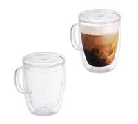 Relaxdays Tasses à café Double paroi, Lot de 2, Verre Borosilicate à thé avec Anse et Couvercle, 500 ML, Transparent