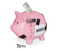 Relaxdays Tirelire Cochon avec Marteau, Inscription « Emergency », verrouillable, céramique, HLP : 14,5x15,5x20 cm, Rose