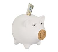 Relaxdays Tirelire en Forme de Cochon, avec Ouverture, pour Petits et Grands, HLP : 15,5 x 15,5 x 19 cm, Blanc et Nature