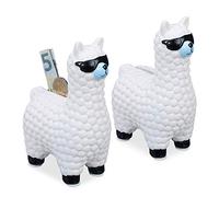 Relaxdays Tirelire Lama, Lot de 2, Alpaga Blanc, urne, déco Boite économies, pièces, Monnaies, Bouchon, 15,5 x 11 x 6 cm, Blanc