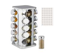 Relaxdays Tourniquet à épices, Acier INOX, 20 Pots en Verre, 40 étiquettes, Rotatif à 360°, HLP : 33,5x20x20 cm, argenté