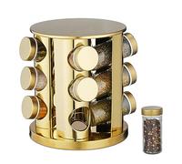 Relaxdays Tourniquet à épices, Acier Inoxydable, 12 Pots en Verre, Rotatif à 360°, HxD : 22 x 20 cm, doré