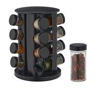 Relaxdays Tourniquet à épices avec 16 Pots en Verre, Rotatif, Embouts tamiseur, remplir, pour la Cuisine, Noir