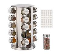 Relaxdays Tourniquet à épices avec 20 Pots en Verre, 40 étiquettes, Rotatif 360°, remplir, Acier Inoxydable, argenté
