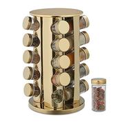 Relaxdays Tourniquet à épices avec 20 Pots en Verre, Embouts tamiseur, Rotatif 360°, Acier Inoxydable, doré/Transparent