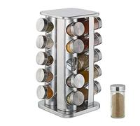 Relaxdays Tourniquet à épices, avec 20 pots, étagère rotative à 360°, inox, verre, H x D 34 x 19 cm, carrousel, argent