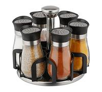 relaxdays Tourniquet à épices, avec 6 Pots, étagère rotative à 360°, INOX, Verre, HxD 16 x 17 cm, carrousel, Argent/Noir
