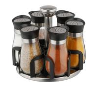 Relaxdays Tourniquet à épices, avec 6 pots, étagère rotative à 360°, inox, verre, HxD 16 x 17 cm, carrousel, argent/noir