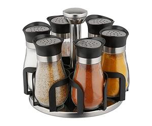 relaxdays Tourniquet à épices, avec 6 Pots, étagère rotative à 360°, INOX, Verre, HxD 16 x 17 cm, carrousel, Argent/Noir