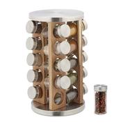 Relaxdays Tourniquet à épices avec 20 Pots en Verre, Rotatif 360°, Acier INOX, Bois, HD 34 x 19,5 cm, argenté et Nature