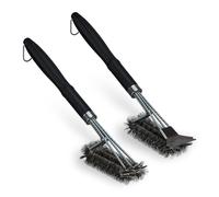 Relaxdays Triple Brosse à Barbecue en Lot de 2, grattoir pour l’Une des Deux, Poils en Acier Inoxydable, Noire