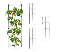 Relaxdays Tuteur à tomates en Lot de 4, métal et Plastique, Hauteur : 60 cm, 3 Anneaux réglables, pour Plantes, Noir