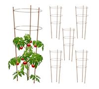 Relaxdays Tuteur à tomates en Lot de 6, métal et Plastique, Hauteur : 76 cm, 3 Anneaux réglables, pour Plantes, Marron