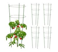 Relaxdays Tuteur à tomates en Lot de 5, métal et Plastique, Hauteur : 76 cm, 3 Anneaux réglables, pour Plantes, Vert