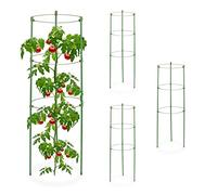 Relaxdays Tuteur pour tomates, Plantes grimpantes, Lot de 4, métal, Plastique, 3 Anneaux réglables, HxD : 60x20 cm, Vert