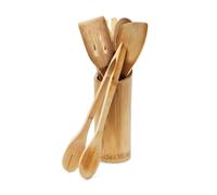 Relaxdays Ensemble d'ustensiles de Cuisine avec Support 6 Pièces en bambou 30 cm spatule fourchette cuillère pince à salade, nature