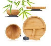 Relaxdays Vaisselle Enfant avec Ventouse, Set 3 pièces, Assiette, Bol, cuillère, Bambou, compartimentée, Naturel/Gris