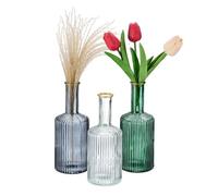 Relaxdays Vase décoratif en Verre, Lot de 3, décoration Maison, H x D: 20,5 x 8 cm, Bouteilles, avec rainures, coloré