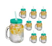 Relaxdays Verre à Cocktails avec Couvercle et Paille Incluse, Lot de 8, 500 ML, Style rétro, Estival, Anse, Vert