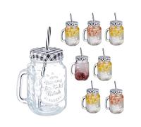 Relaxdays Verre à Cocktails avec Couvercle et Paille Incluse, Lot de 8, 500 ML, Style rétro, Estival, avec poignée, Noir