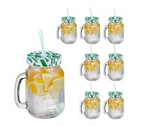 Relaxdays Verre à Cocktails avec Couvercle et Paille Incluse, Lot de 8, 500 ML, Style rétro, Estival, avec poignée, Vert