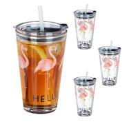 Relaxdays Verres avec paille et couvercle - Lot de 4 450 ml - Motif flamant rose, transparent
