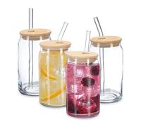 Relaxdays Verre en Forme de canette, Lot de 4, Couvercle, Paille, pour café glacé, 450 ML, Transparent et Nature