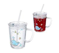 Relaxdays Verre pour Enfant en Lot de 2, Motif de Baleine, avec Anse, Couvercle et Paille, 400 ML gradué, Transparent