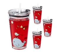 Relaxdays Verre pour Enfant en Lot de 4, Motif de Baleine, avec Anse, Couvercle et Paille, 400 ML gradué, Transparent