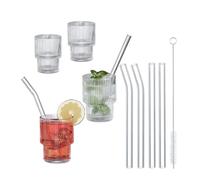 Relaxdays Verre strié à Eau, Lot de 4, Convient au Lave-Vaisselle, avec Paille, Design rétro, 210 ML, Transparent