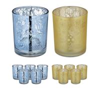 Relaxdays Lot de 12 photophores en Verre pour Bougies Chauffe-Plat, Motifs de Noël, H x D : 8,5 x 7 cm, doré/argenté