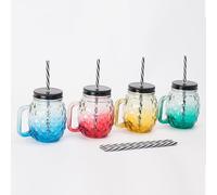 Relaxdays Verres avec couvercle et pailles, lot de 4, 500 ml, motif ananas, couvercle à vis, anse, multicolores