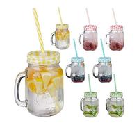 Relaxdays Verres avec Paille, Couvercle et Anse, Lot de 48, HLP 13x10,5x15 cm, 400 ML, Limonade, Boissons glacées, Multicolore