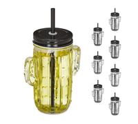 Relaxdays Verres avec Paille et Couvercle, Lot de 8 Pots à Limonade, Bocal Cactus, 500 ML, Restaurant, Transparent