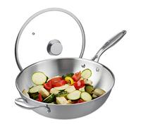Relaxdays Wok, diamètre de 32 cm, Acier Inoxydable, Couvercle Verre, cuisinière à Induction, gaz, éléctrique, argentée
