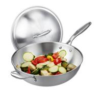 Relaxdays Wok, diamètre de 32 cm, Acier Inoxydable, Couvercle Verre, cuisinière à Induction, gaz, éléctrique, argentée