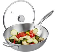 Wok, diamètre de 32 cm, acier inoxydable, couvercle verre, cuisinière à induction, gaz, éléctrique, argentée