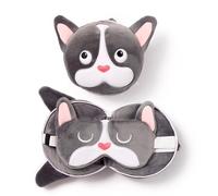 Relaxeazzz Coussin de Voyage Peluché 2-en-1 avec Masque Yeux - Chien Bouledogue Français