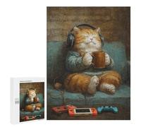 Relaxed Cat with Coffee and Music Puzzle 1000 Pièces Educa Jouet en Bois Cadeau Unique Décoration Intérieure Jeu Éducatif Challenge Toy Adultes Et Enfants À Partir De 14 Ans 500 PCS