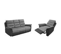 RELAXXO - Ensemble canapé relax manuel LEON 3 pl + fauteuil manuel en microfibre et simili Gris/noir