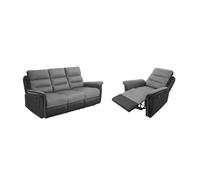 RELAXXO - Ensemble canapé relax manuel LÉON 3 pl + fauteuil manuel en microfibre et simili Gris/noir