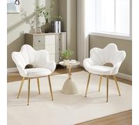 Relbiety Fauteuil Salon Confortable Lot de 2 en Velours, Fauteuil Coquillage avec Dossier en Forme de Pétale,Chaise de Coiffeuse avec Pieds en Métal,Crème Blanc
