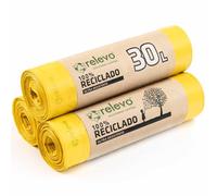 Relevo Sacs Poubelle Jaunes avec Liens Coulissants - 30L (Largeur 55 cm x Hauteur 60 cm), 45 Sacs (3 Rouleaux × 15 Sacs) | Sacs Poubelle Extra Résistants | 100% PEBD Recyclé | Certifié Blue Angel