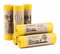 Relevo Sacs Poubelle Jaunes avec Liens Coulissants - 30L (Largeur 55 cm x Hauteur 60 cm), 90 Sacs (6 Rouleaux × 15 Sacs) | Sacs Poubelle Extra Résistants | 100% PEBD Recyclé | Certifié Blue Angel