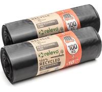 Relevo Sacs Poubelle Noirs Professionnels Haute Résistance - 150L (Largeur 80 cm × Hauteur 110 cm), 20 Sacs (2 Rouleaux × 10 Sacs) | Extra Résistants | 75 µm (Microns) | 100% PEBD Recyclé