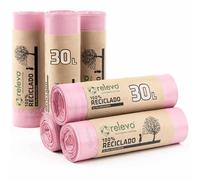 Relevo Sacs Poubelle Roses avec Liens Coulissants - 30L (Largeur 55 cm x Hauteur 60 cm), 90 Sacs (6 Rouleaux × 15 Sacs) | Parfumés et Extra Résistants | 100% PEBD Recyclé | Certifié Blue Angel